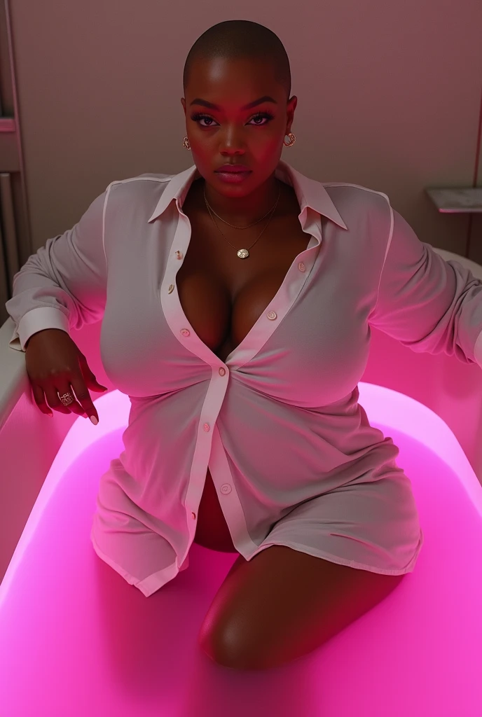 Tyra banx shaved head (very big size breasts 1.8) very small waist, very wide hips, white wet shirt in a beath tub filled with pink water.