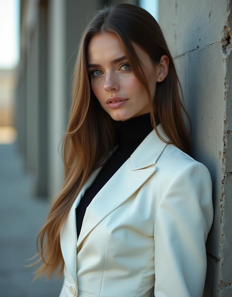 pale skin, evil slavic woman, long light brown hair, muscular, long straight hair, Stylish photo shoot, slight smile, Concrete building in the background, White costume, black turtleneck, fashion pose, Nikon D850, film stock photograph ,4 Kodak Portra 400 ,camera f1.6 lens ,saturated colors ,hyper realistic ,lifelike texture , Cinestill 800