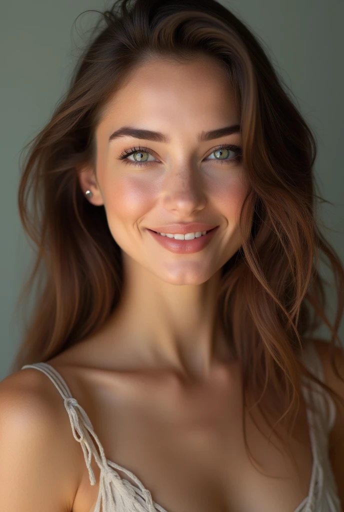 Create an image of a very beautiful, realistic woman with natural features. She has smooth, glowing skin, expressive eyes, and a warm smile. Her hair is long, flowing, and slightly wavy, with a natural shine. She is dressed in a simple, elegant outfit that complements her beauty, with soft lighting that enhances her features. The background is neutral and unobtrusive, allowing the focus to remain on her face and expression.