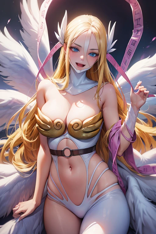 (((forehead))), (((white lingerie))), (((white angel wings))), Very detailed、highest quality、Best image quality、masterpiece、8k、Anime Face、A kind smile、Open Mouth、(Blonde long hair:1.5)、big breast, sexy、 beautiful body 、Cowboy Shot, ((wings)), Sexual Intercourse, (blue eyes)