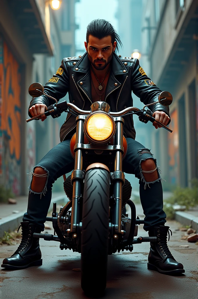 rodrigo Burgos on gang motorcycle dressed as a rocker
