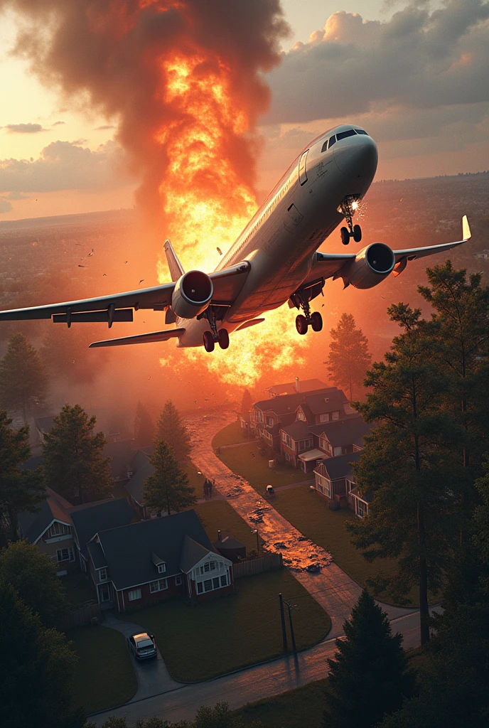 create a picture of the Moment of Impact, with the Boeing 707 crashing into trees and houses on Long Island, followed by an explosion and flying debris – A dynamic scene that portrays the devastating power of the crash hyperrealistic 3d hd cinematic