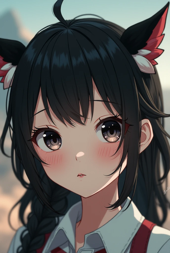 black hair, hair bobbles, wince, dark glasses, longeyelashes, solid circle eyes, fake animal ears, light smile, ear blush, fang, Surrealism, drop shadow, anaglyph, stereogram, tachi-e, pov, atmospheric perspective, 8k, super detail, ccurate, best quality