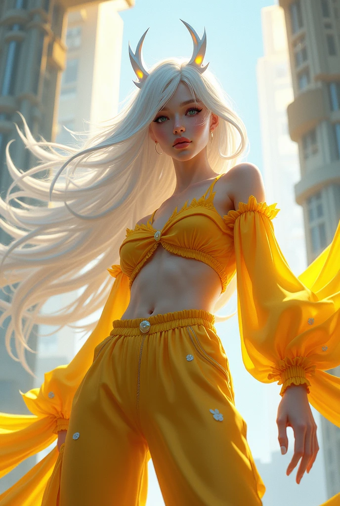 I want a female character with white hair and a white mask and a yellow blouse and angelic pants in the Free Fire style. 