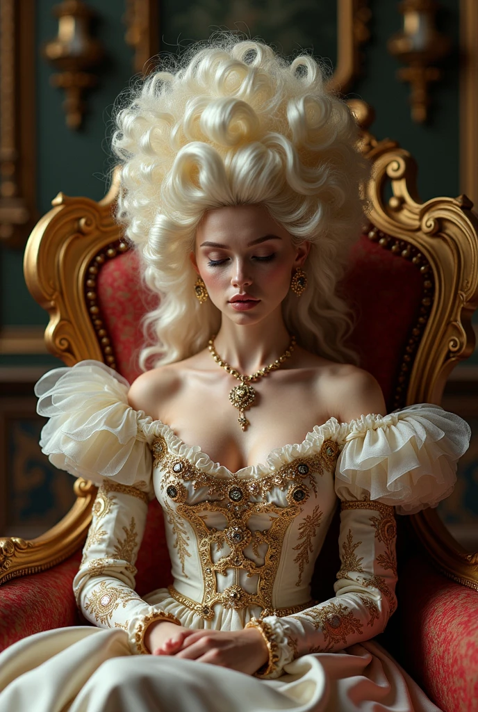 a blonde model named Kira dressed in 1765 rococo, a giant platinum rococo style wig, exaggerated rococo makeup, sitting in a chair eating croissants, with her servants showing her fabrics and jewelry, she makes a disgusted face at the servants, Marie Antoinette style