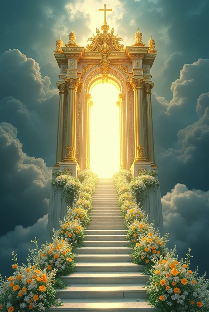 THE GOLD DIVINE GATE, 10 FLOWER STEPS TO DIVINE WORLD,MATCH FOR COVERPAGE,, A WAY THAT DARKNESS TO BRIGHTNESS, ONLY BLUE,WHITE,YELLOW,GREEN,GOLD COLOUR,WITH FLOWER DECORATION