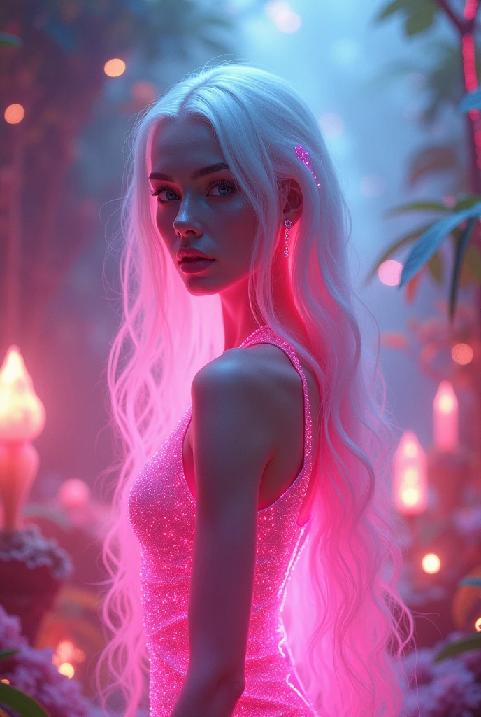 a beautiful woman, White hair with pink highlights, neon pink person, glowing environment, entire body radiating vibrant neon pink light, detailed facial features, long flowing hair, elegant dress, graceful pose, cinematic lighting, dramatic atmosphere, surreal scenery, futuristic landscape, glowing plants and crystals, volumetric fog, intricate details, photorealistic quality, vibrant colors, cinematic composition, digital art, concept art