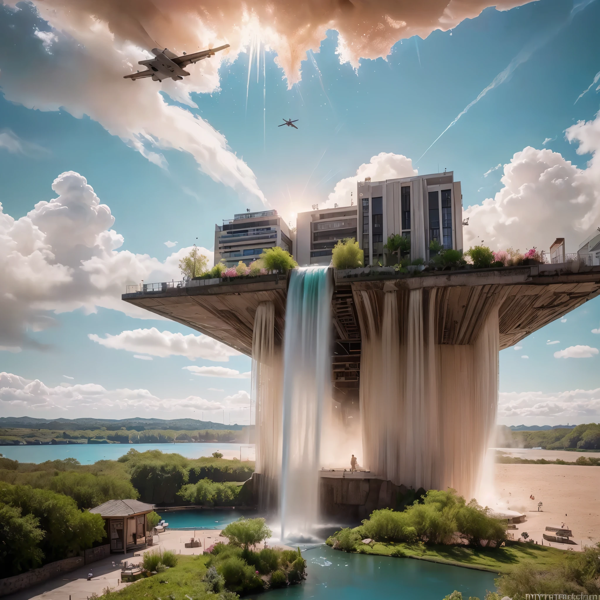 (8k, highest quality, masterpiece, final fantasy style: 1.2), (unRealistic, photoRealistic: 1.37), Dreamy landscape, Fantasy, Unsurreal landscapes, Super detailed, Flying Castle, Floating Island in the Sky, Seven-colored swirl of light, Intense lightning, nebulas,Complex Light, Colored light, Large Lake, Starry sky reflected on the lake surface, Countless shining stars, Meteors,  Reflections , (A pillar of light emanated from the ground:1,2), (((roses and orchids gardens , bright day , pink and 50 shades of blue clouds, waterfalls in the sky, realistic style, Hyperrealism drawing, a flying pirate spaceship floating above the  clouds)))) , burning skyscrapers, , timeless realms, stunning  princess  ,  casting spell, healing light magic effect, in a magical lagoon of the fairyland, crystal clear water surface reflections, sharp focus, looking at viewer, (close-up:0.9), (bright white theme:1.2), (bright white tone:1.2), (deep blue tone:1.3),((( realistic, Hyperrealism, vivid colours , landscapes , alien cyborgs , science fiction themes))), 