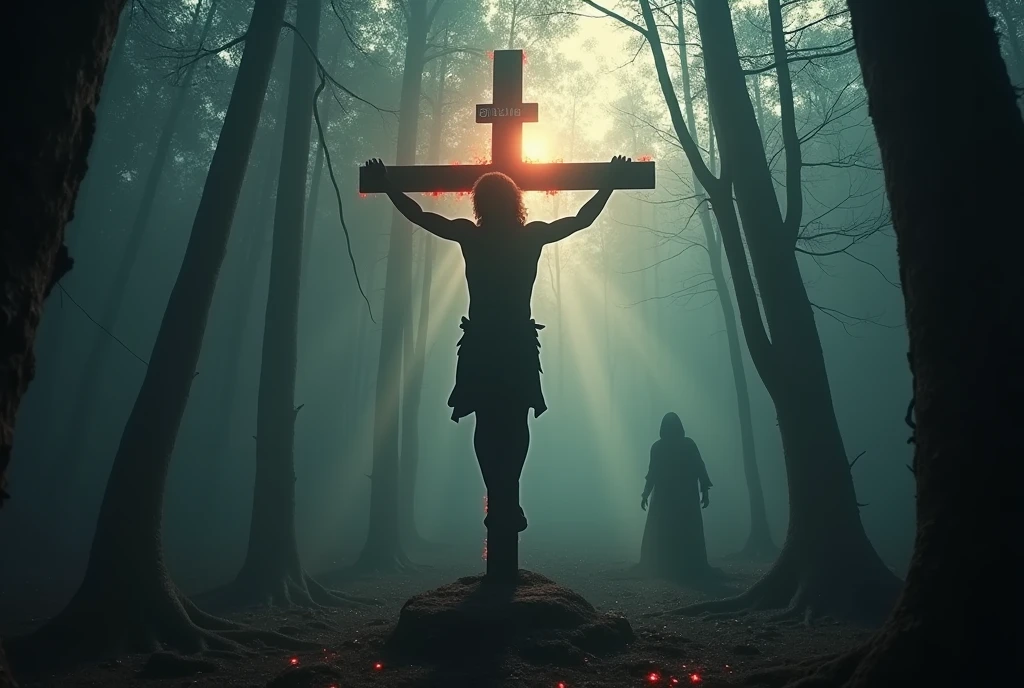(((masterpiece))), (((Highest quality))), ((Very detailed)), (photograph), (photo:1.2) of a Man alone with arms outstretched and both hands nailed to a Christian cross upside down, the man is crucified on the  upside down cross. He is in the middle of a gloomy and terrifying forest at night. Shadows of dark men around. Photorealistic style. Intricate details, shimmering, sparkling, iridescent, mesmerizing, dreamlike, ethereal, cinematic lighting, dramatic shadows, vibrant colors, soft focus, hyper realistic, masterpiece. 
[Entire scene is surrounded by mist, evoking a mysterious and eerie atmosphere. The lighting is dark and atmospheric, with smoke and fog adding a touch of sinister ambiance. Best quality image, HDR enhancement, showcasing the utmost level of detail and realism]. [8K, Best Quality, Ultra High Resolution, (highly detailed CG unity 8k wallpaper), (best photo), (best shadows), isometric 3D, octane rendering, ray tracing, highly detailed, (Best quality, 4K, 8k:1.2), absurdity, ultra detailed, (realistic, photorealistic, photorealistic:1.37), complex parts, HDR, (complex parts:1.12), (hyper detailed, hyper realistic, Soft lighting, spicy:1.2), (complex parts, Hyper detailed:1.15). Blurred foreground. (backlit), masterpiece, high quality, brightness, chromatic aberration, foggy smoke, shadows, contrast, (warm hue, warm tone), high details, natural reflections]. many details. Cinematic lights. photo.
