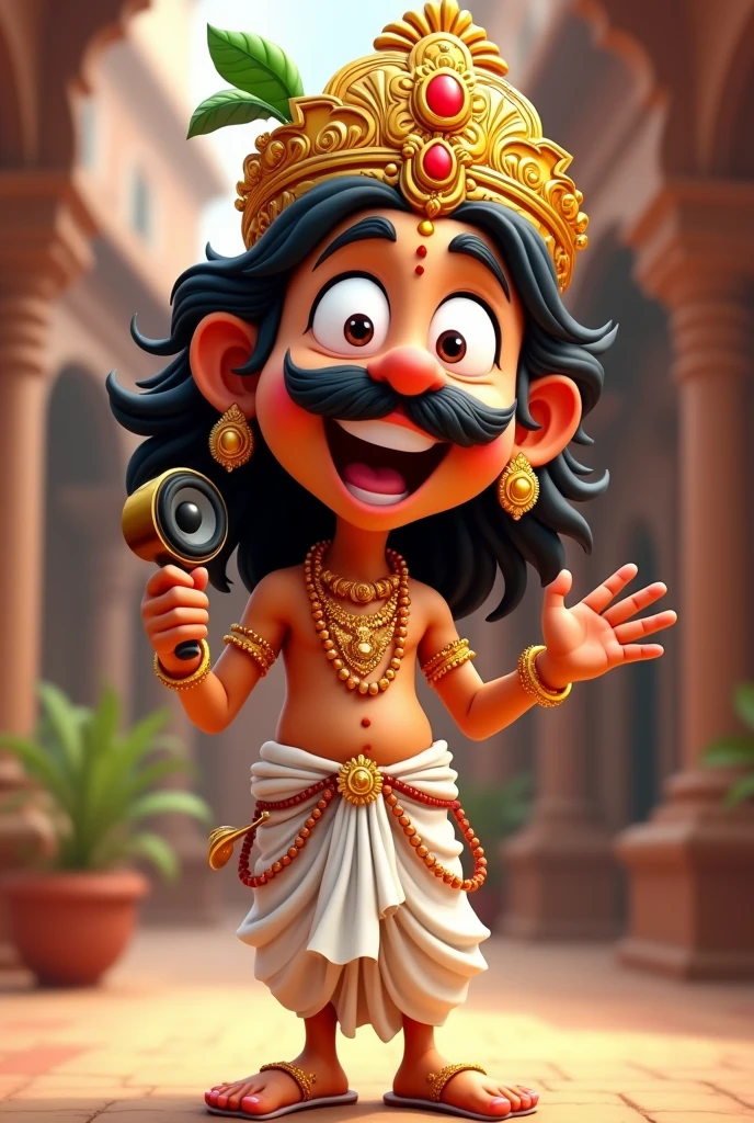 appears to depict a 2D animated character, likely styled after traditional Indian royalty or a deity, with exaggerated features for a comedic or friendly effect. The character is male, with a broad smile, wide eyes, and a bushy mustache. He is wearing a golden crown adorned with red jewels and has long, wavy black hair. His attire includes a white dhoti, various gold jewelry like necklaces, earrings, and bracelets, and he is holding a speaker in his left hand. His expression is joyful and surprised, with his right hand gesturing as if he's excited or amazed by something. The overall style is vibrant and cartoonish.