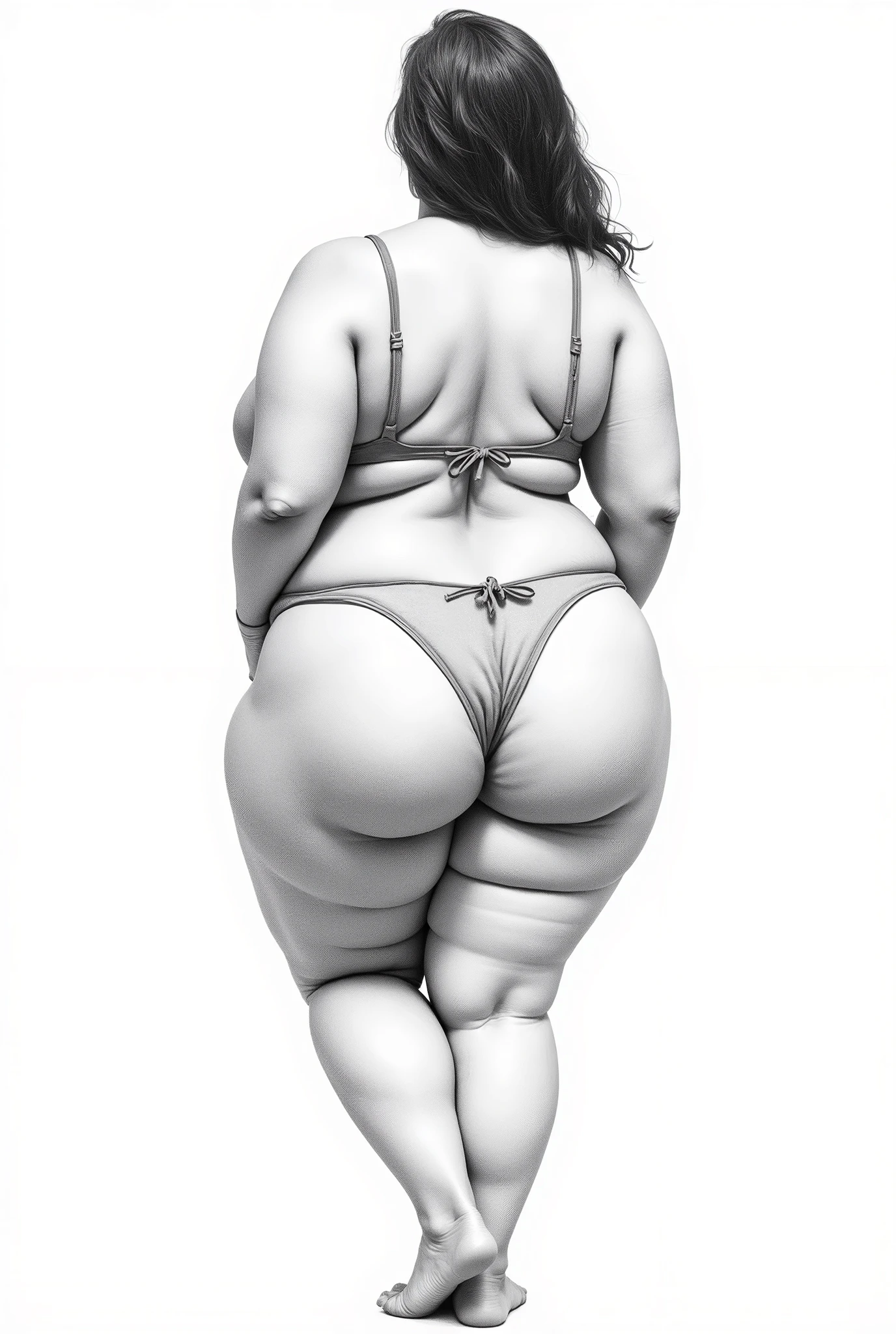 Black pencil sketch of a plump female body in a bikini, standing with her back turned, showing the curves of the body, anatomy, white background.