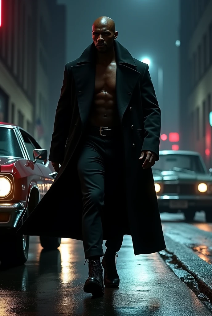 Hiper focus, wesley snipes como Blade (marvel) walking down a dark street at night, black man wearing a black overcoat, an impala in the background, ultra realisitic, Reality, hiperReality 