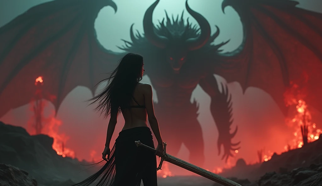 (Best Quality, 8k, Masterpiece: 1.2), Cute and Sexy Woman, Creepy Art, Ultra Detailed Big breasts,Breasts movements and bounces are ultra-realistic, extremely shaped breasts, Tiny and Sexy Clothes, A Creepy Demonic Landscape, Hell World, Fog, Dark Fantasy, Cinematic Lighting, Dramatic Chiaroscuro, Changing Colors, Deep Shadows, Bright Rays, Hellscape, Apocalyptic,  Wielding Magic Sword, Woman Has An Evil Demonic Monster In Front Of Her,
