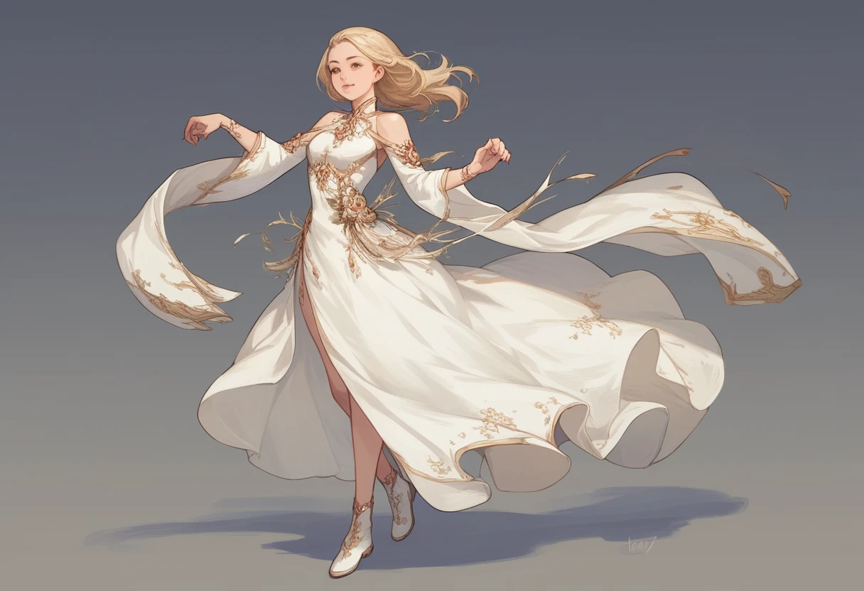 character female, full body, walking, long weavy hair , blonde,(masterpiece), Extremely detailed, detailed outfit, random pose,(dress), (asian: 1.1)