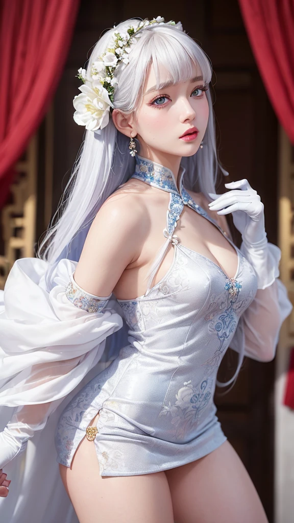 1 girl, (lo style: 1.5), bangs, lips, dress, long hair, blue eyes, high thighs, off shoulder, lo style Chinese dress, Chinese clothing, lipstick, realistic, rose, jewelry, earrings, curly hair, flower holding, gloves, elbow gloves, white gloves, makeup, white thighs, white hair, flower, standing,