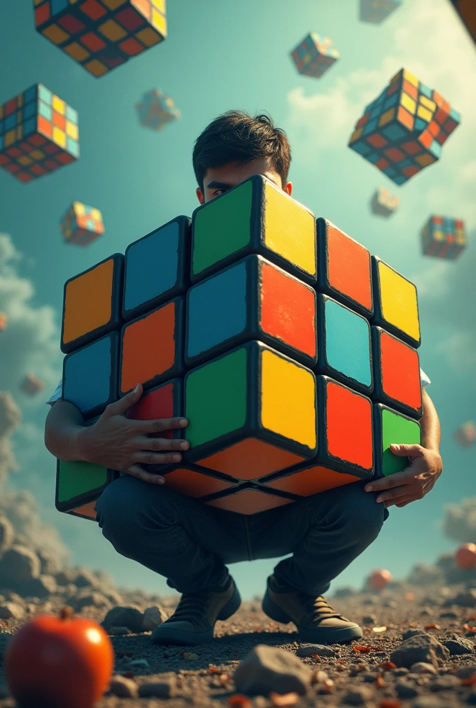 Man hiding behind a big Rubik's cube. Creative. Imaginary. More cubes. YouTube banner size.