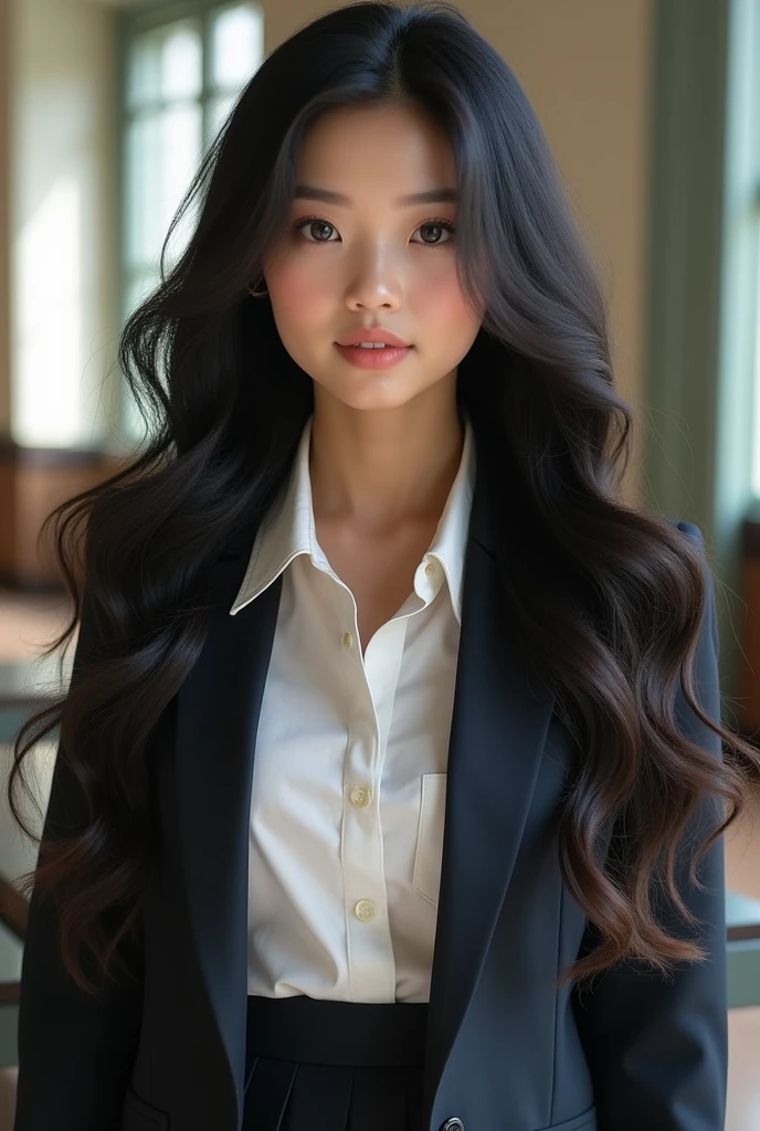 An extremely beautiful Asian girl with long curly hair and wearing a uniform 