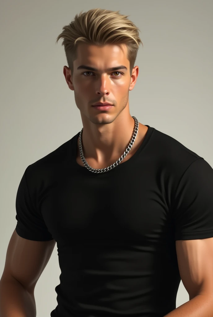 Create a realistic image of a boy, handsome and slim, with light blonde hair, short and combed to one side. The man has a serious but attractive expression, with honey-colored eyes that capture the light. He is slightly shaved, showing a slight shadow of beard, and wears a thick silver chain around his neck. The man is wearing a tight black t-shirt that highlights his build and has his hands visible., posed naturally in front of him or to the sides, with a relaxed posture. The background should be simple and neutral, allowing the main focus to be on the man&#39;s face, Her hands, and their facial details. short shaved thin hair