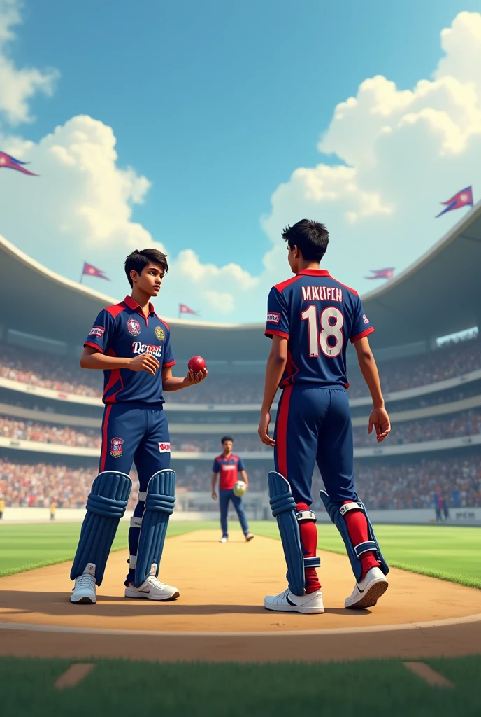 Young teen agerSamip with gercy no 18 standing in cricket pitches with nepali cricket bluish red jersey carrying a cricket ball bowlling a batsman and background of nepali croud carrying national flag with another cricketer named Aman on jercy no 14 wide cricket stadium video background of nepali flag