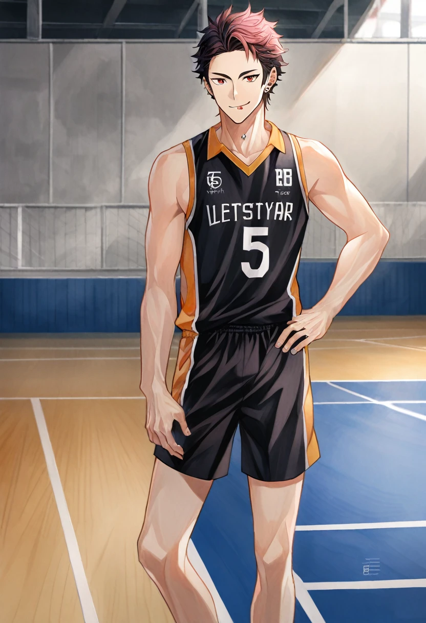 haikyuu style boy smiling,with white layered hair (hair down to the nape of the neck and longer sideburns with pink streaks)red eyes (Lost look)with a piercing on the tongue,nose and eyebrow with Shiratorizawa haikyuu uniform anime style(background of a volleyball court) Full body with Shiratorizawa volleyball uniform with number 5