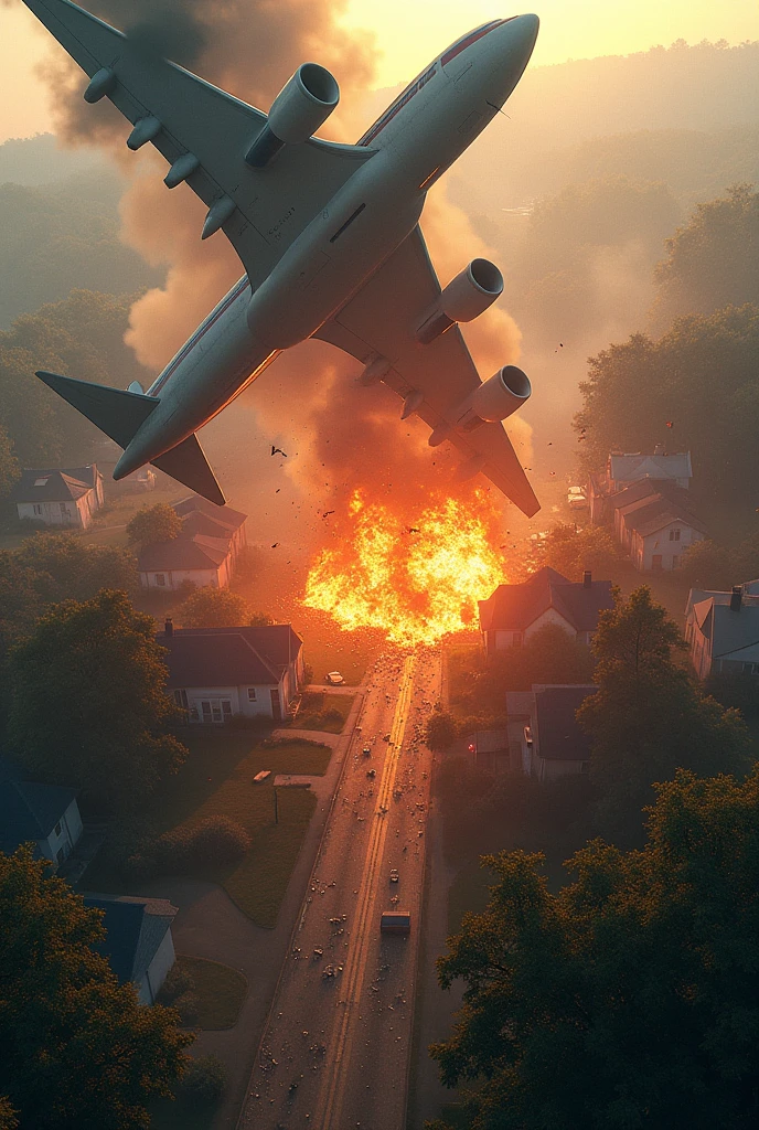 create a picture of the Moment of Impact, with the Boeing 707 crashing into trees and houses on Long Island, followed by an explosion and flying debris – A dynamic scene that portrays the devastating power of the crash hyperrealistic 3d hd cinematic