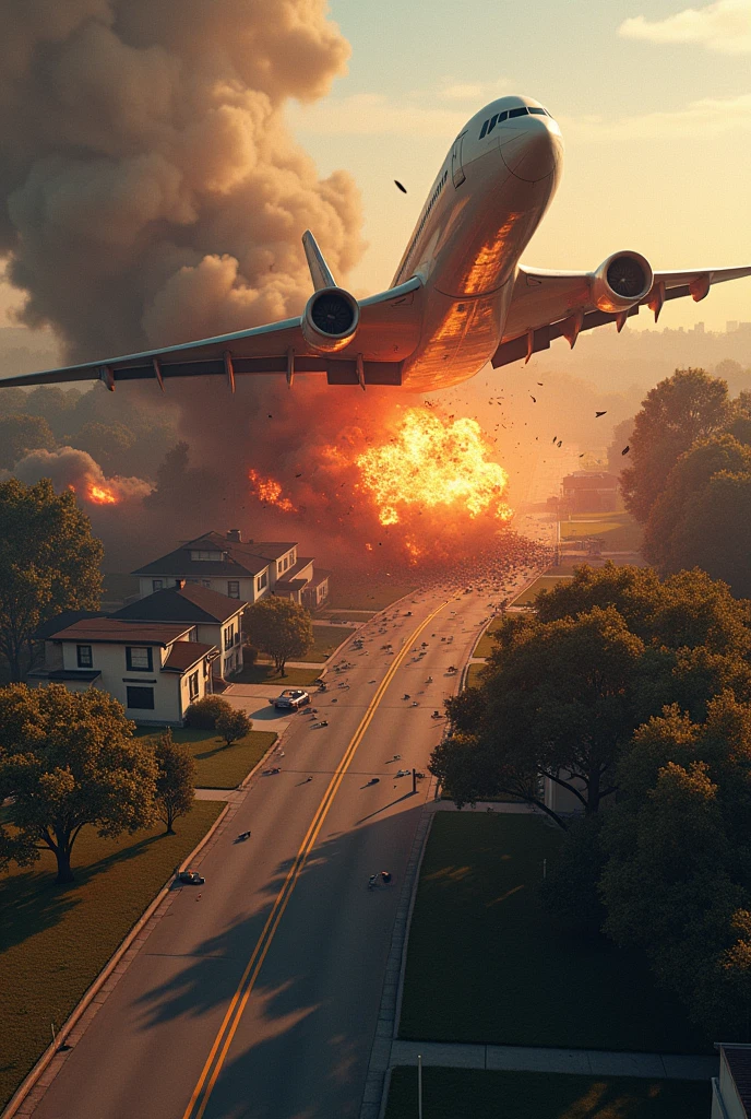 create a picture of the Moment of Impact, with the Boeing 707 crashing into trees and houses on Long Island, followed by an explosion and flying debris – A dynamic scene that portrays the devastating power of the crash hyperrealistic 3d hd cinematic 