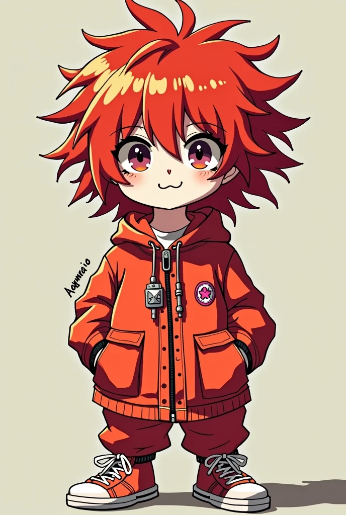 A cool, red-haired, mashed-up guy who looks a bit like an anime character.、I think red clothes and white skin would be good, like Crayon Shin-chan.