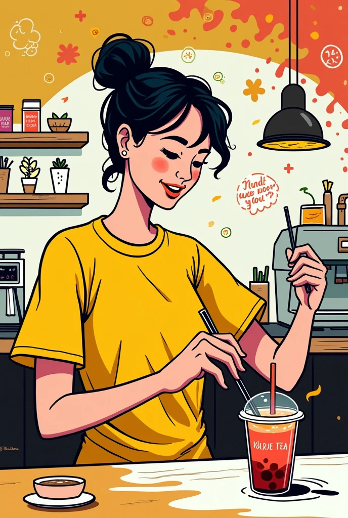 A clerk with yellow shirt in a coffee shop is making bubble tea.doodle in the style of Keith HaringMBE style illustration dribbble.bold lines.mixed patterns.text and emoji installations