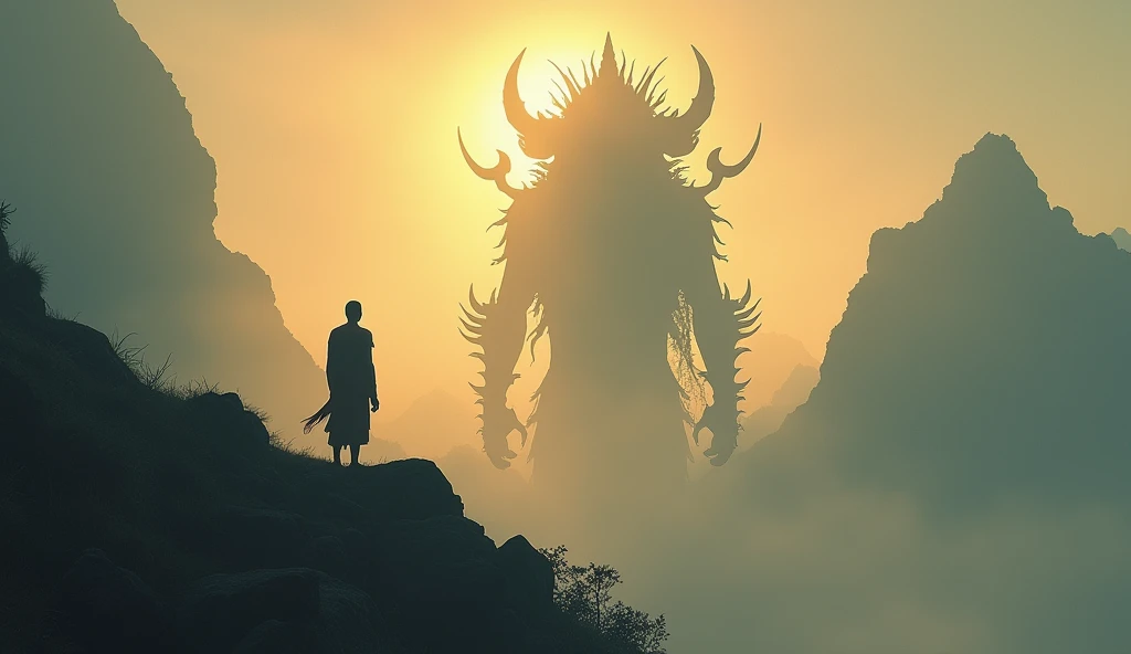 Photo of a silhouette of a monk in simple robes stands on top of a mountain, gazing up at a the gigantic rakshasa's figure that is standing in front of the monk, a mythical being as tall as the mountain with three heads and intricate design crowns, bathed in radiant light from behind. The scene is set against a backdrop of fog-covered mountains, creating a serene and sacred atmosphere. The light accentuates the rakshasa's silhouette, adding a sense of divinity and otherworldliness to the composition, cinematic, back lighting