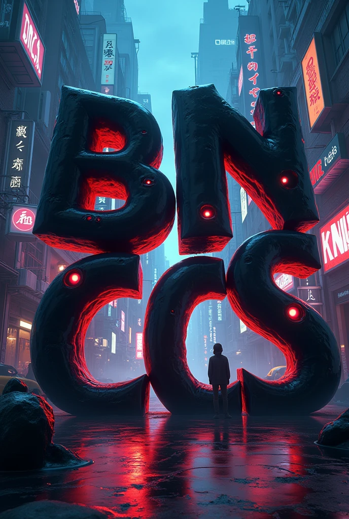 Generate the letters "bank bins y ccs" with an anime background like Tokyo Gohul type eyes, it is important to put the letters, combine the letters well