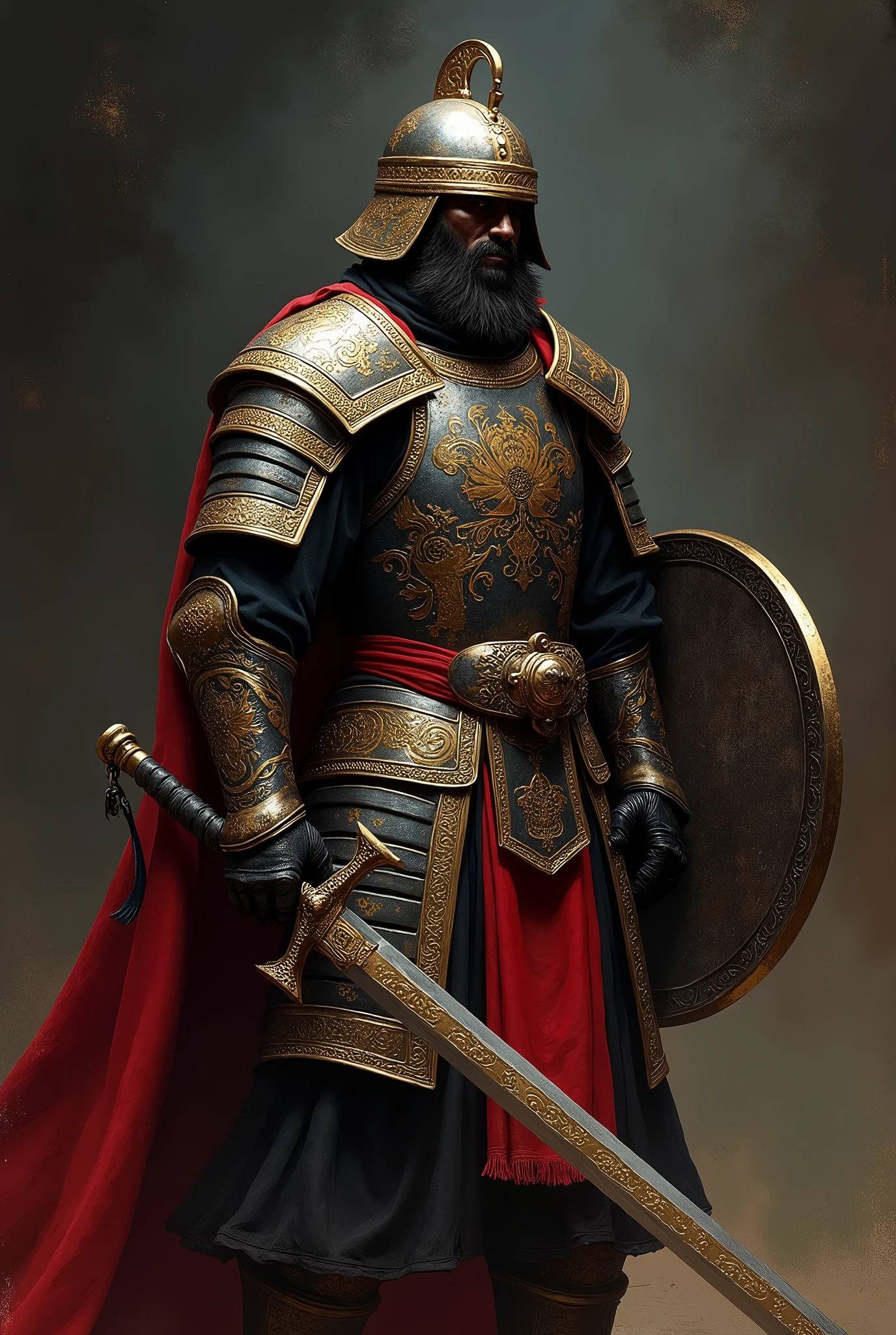 In the dark environment, a fierce Mongolian warrior stands ready for battle, face obscured by his helmet, as if embodying the spirit of death and fear. Soft side lighting casts a subtle glow on the black red and gold armor, accentuating the intricacies of the blackened design. The warrior's elegant Mongolian armor shines with a metallic sheen, complemented by the round shield and shining sword held at the ready. The masterful painting style, reminiscent of Anders Zorn and Aleksi Briclot, transports the viewer to a realm of realism and intimidation, as if gazing upon a highly detailed oil on canvas masterpiece.