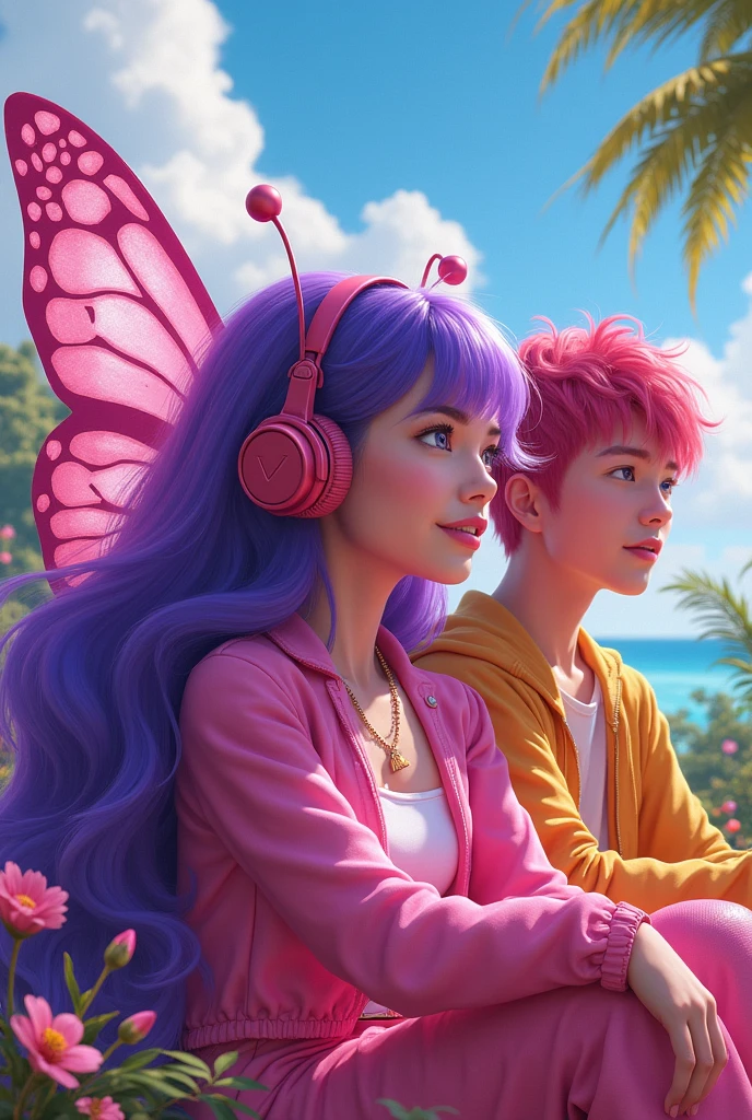 In the vibrant amusement park, a purple-haired korean woman stands out. She has a magical appearance, like a butterfly, in a shiny pink dress that shines under the park lights. Your headphones are modern and flashy, complementing your charming look. Next to you, there is a young man with pink hair, also using headphones. He wears casual clothes, comfortable to enjoy the attractions. The friendship between the two is evident in their smiles and the way they share the fun and excitement of the park.. standing together, they explore the attractions and create unforgettable memories.
