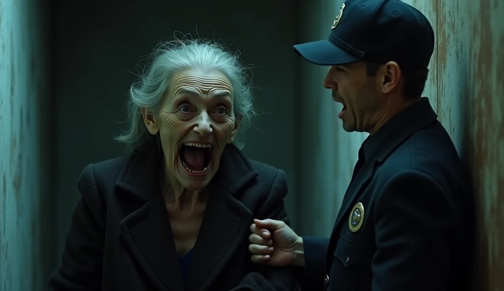 The Moment of Revelation: A scene showing the security guard grabbing the arm of the old woman who was trying to escape, just as she begins to reveal her true skeletal face. The tension is palpable, with shadows playing tricks on the viewer's mind, making you question what is real, atmosphere of fear and horror.