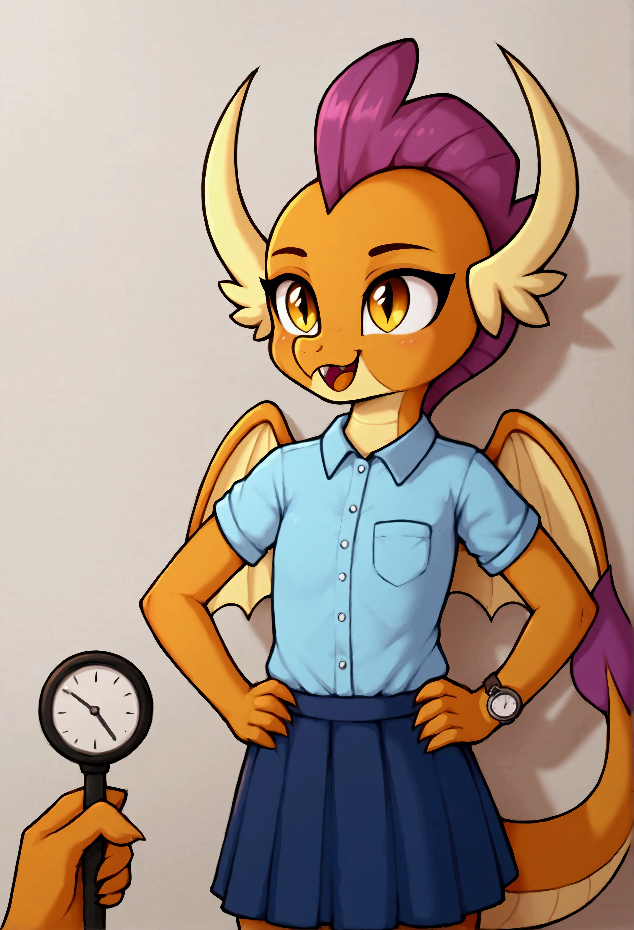 score_9,score_8,source_furry, 1girl, orange body, orange skin, purple hair, mohawk, yellow eyes, dragon, dragon tail, wings, smolder_mlp, female, young, cute, standing, hands on hips, shirt, skirt, near wall, in school pantry, cleaning equipment in background, blurry background, happy, talking, mouth open, pov holding a round pocket watch, a hand from behind the frame holds a round pocket watch, time stop, stands turning slightly away to the left from the viewer