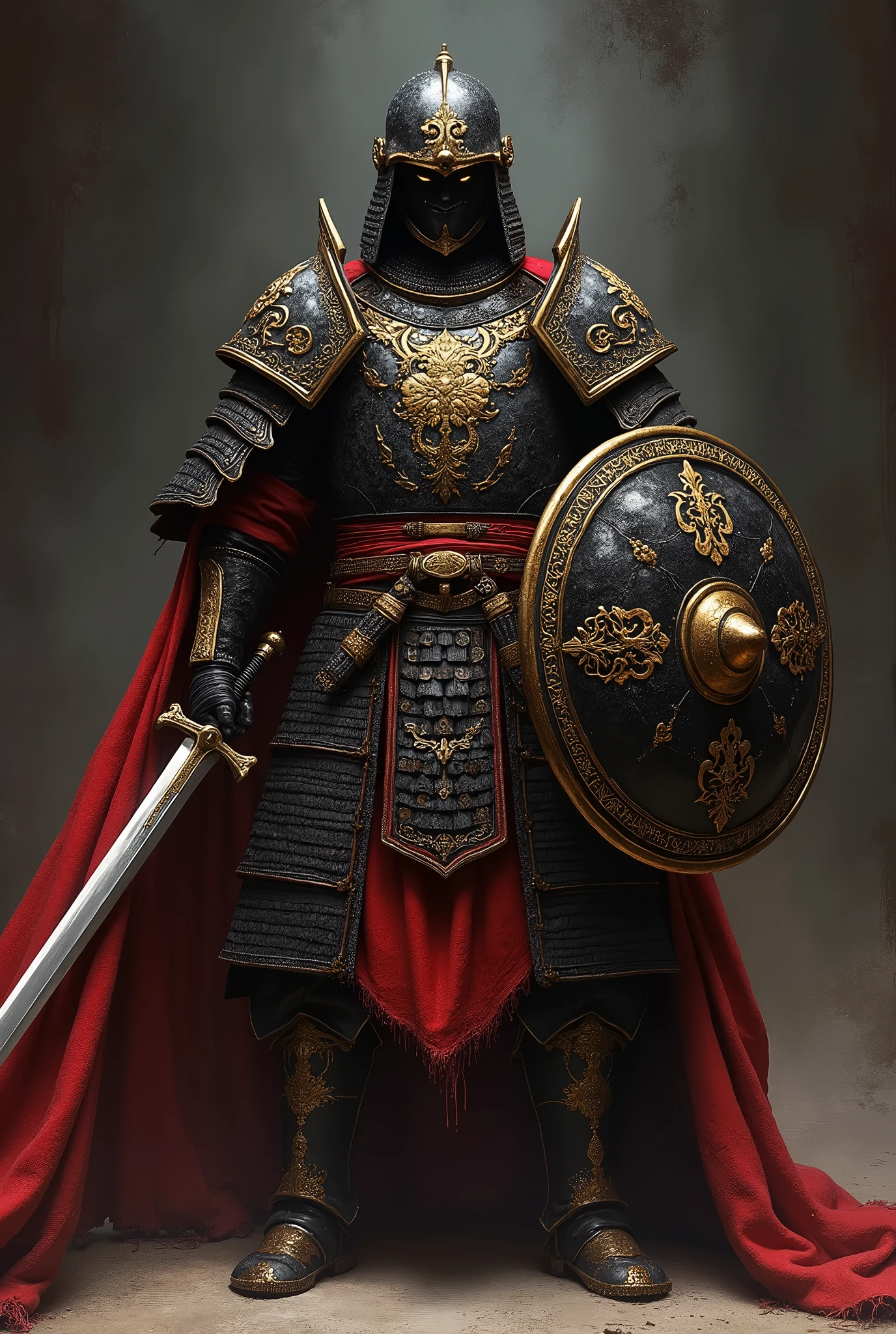 In the dark environment, a fierce Mongolian warrior stands ready for battle, face obscured by his helmet, as if embodying the spirit of death and fear. Soft side lighting casts a subtle glow on the black red and gold armor, accentuating the intricacies of the blackened design. The warrior's elegant Mongolian armor shines with a metallic sheen, complemented by the round shield and shining sword held at the ready. The masterful painting style, reminiscent of Anders Zorn and Aleksi Briclot, transports the viewer to a realm of realism and intimidation, as if gazing upon a highly detailed oil on canvas masterpiece.