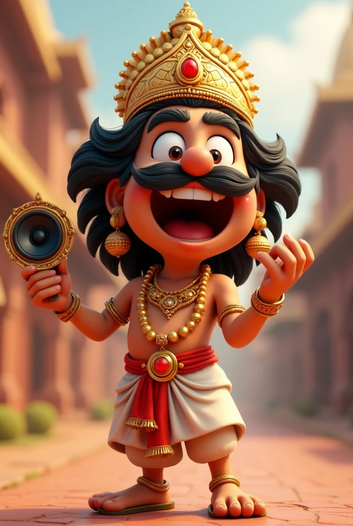  appears to depict a 3D animated character, likely styled after traditional Indian royalty or a deity, with exaggerated features for a comedic or friendly effect. The character is male, with a broad smile, wide eyes, and a bushy mustache. He is wearing a golden crown adorned with red jewels and has long, wavy black hair. His attire includes a white dhoti, various gold jewelry like necklaces, earrings, and bracelets, and he is holding a speaker in his left hand. His expression is joyful and surprised, with his right hand gesturing as if he's excited or amazed by something. The overall style is vibrant and cartoonish.