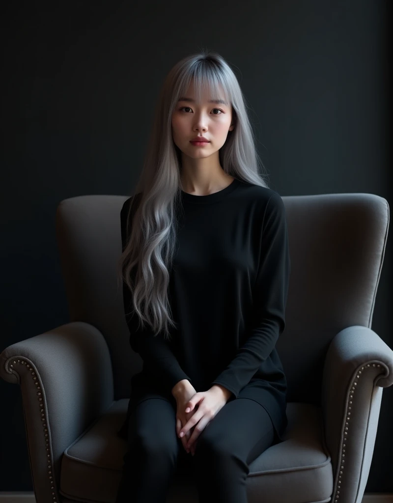 Girl sits elegantly on a modern soft chair, looks straight, Sits up straight, Against the background of a dark room, in a black top, light gray long hair, good lighting, realistically, photo