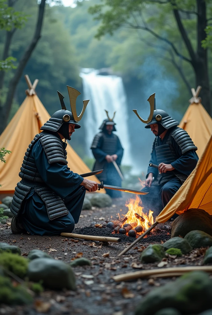 Highest quality、Ultra-high resolution、8k、RAW Photos、Japanese Samurai、group、((enjoying camping))、Expressionless、Torrent、warrior、armor、knife、beard、cinematic lightening、Samurai Assembling a Tent、Samurai having a barbecue、Samurai starting a fire