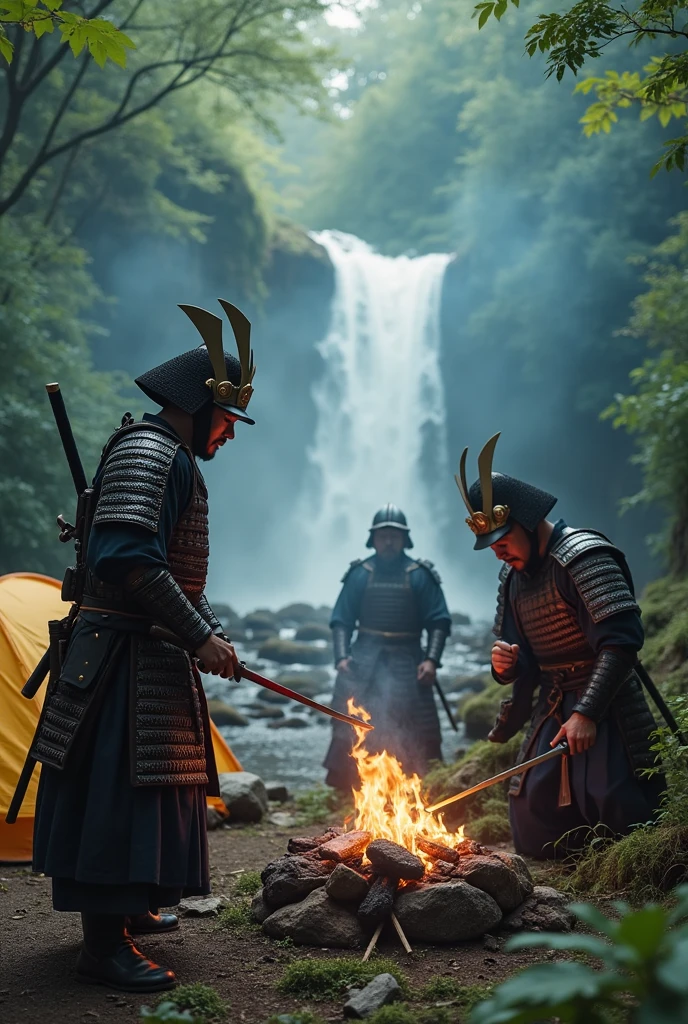 Highest quality、Ultra-high resolution、8k、RAW Photos、Japanese Samurai、group、((enjoying camping))、Expressionless、Torrent、warrior、armor、knife、beard、cinematic lightening、Samurai Assembling a Tent、Samurai having a barbecue、Samurai starting a fire