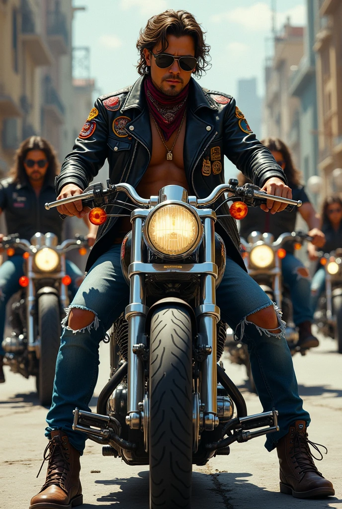 rodrigo_trumpet on gang motorcycle dressed as a rocker