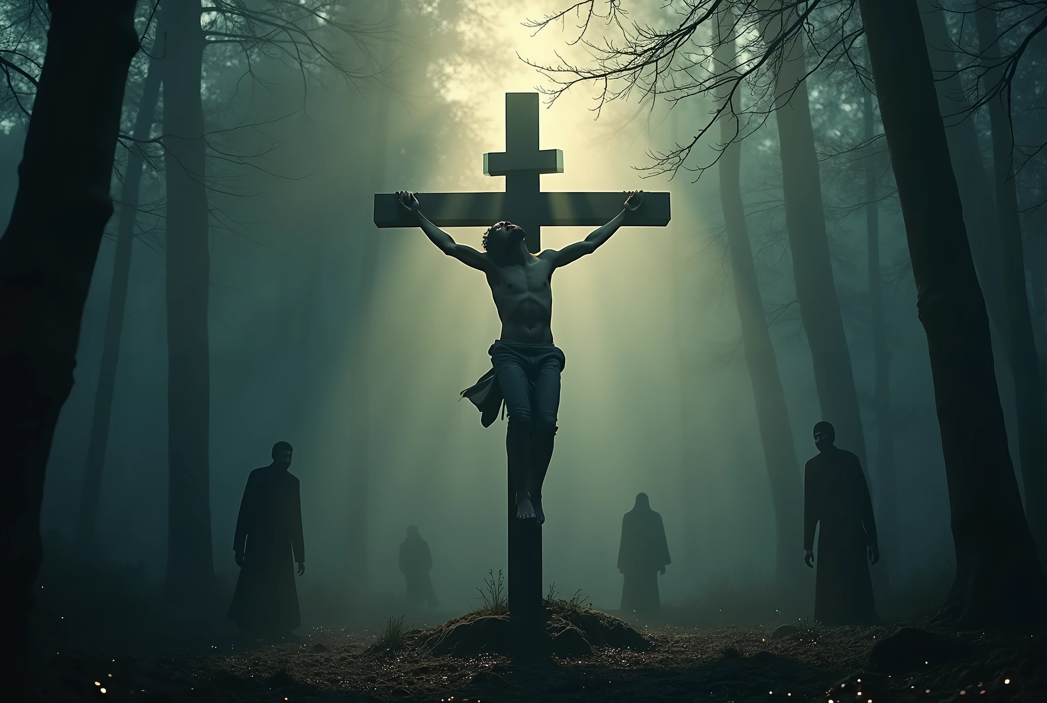 (((masterpiece))), (((Highest quality))), ((Very detailed)), (photograph), (photo:1.2) of a Man alone with arms outstretched and both hands nailed to a Christian cross upside down, the man is crucified on the  upside down cross. He is in the middle of a gloomy and terrifying forest at night. Shadows of dark men around. Photorealistic style. Intricate details, shimmering, sparkling, iridescent, mesmerizing, dreamlike, ethereal, cinematic lighting, dramatic shadows, vibrant colors, soft focus, hyper realistic, masterpiece. 
[Entire scene is surrounded by mist, evoking a mysterious and eerie atmosphere. The lighting is dark and atmospheric, with smoke and fog adding a touch of sinister ambiance. Best quality image, HDR enhancement, showcasing the utmost level of detail and realism]. [8K, Best Quality, Ultra High Resolution, (highly detailed CG unity 8k wallpaper), (best photo), (best shadows), isometric 3D, octane rendering, ray tracing, highly detailed, (Best quality, 4K, 8k:1.2), absurdity, ultra detailed, (realistic, photorealistic, photorealistic:1.37), complex parts, HDR, (complex parts:1.12), (hyper detailed, hyper realistic, Soft lighting, spicy:1.2), (complex parts, Hyper detailed:1.15). Blurred foreground. (backlit), masterpiece, high quality, brightness, chromatic aberration, foggy smoke, shadows, contrast, (warm hue, warm tone), high details, natural reflections]. many details. Cinematic lights. photo.