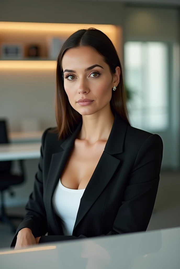 A photographic portrait of a beautiful female receptionist at a marketing agency, with a serious and focused expression. She is dressed in a tailored blazer, seated at a sleek reception desk with marketing materials neatly arranged. The background features a modern office with minimalist decor. Soft, diffused lighting emphasizes her professional demeanor and the sophistication of the environment. Created Using: DSLR camera, portrait lens, softbox lighting, corporate office setting, high contrast, elegant interior, high-resolution, HD quality, natural look
