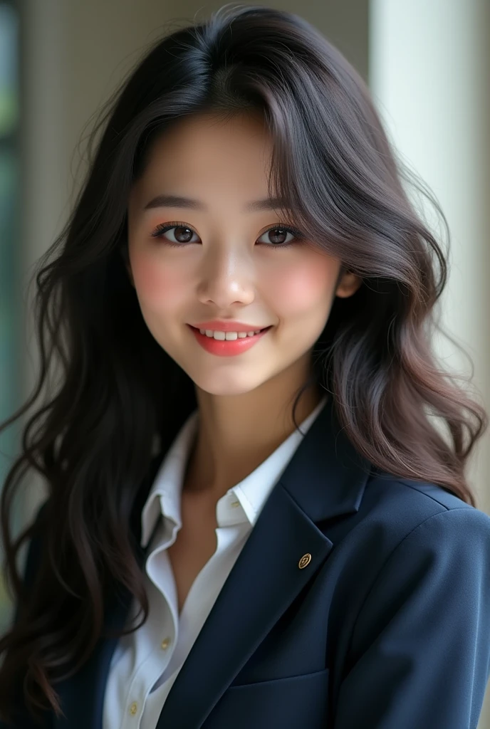 Extremely beautiful Asian girl with personality, long curly hair, wearing uniform