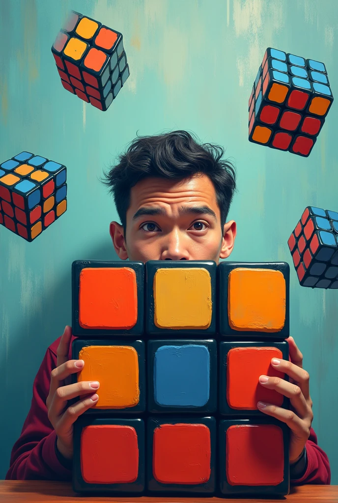 Man hiding behind a Rubik's cube. Creative. Imaginary. More cubes. YouTube banner size. 
