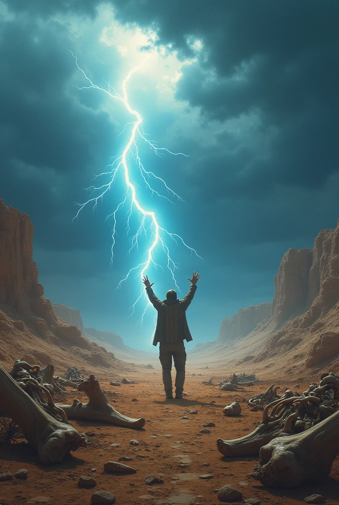 A desert landscape with dry bones and skeletons scattered all over the ground. The sky with dark clouds and an apparent storm without rain, coming out of the middle of a vibrant blue part of the sky a flash reaching the ground. A man with his arms and head raised to the sky in the middle. Making everything realistic 
