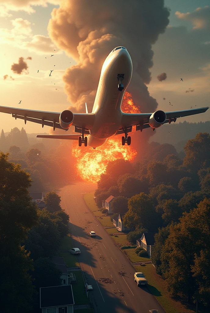 create a picture of the Moment of Impact, with the Boeing 707 crashing into trees and houses on Long Island, followed by an explosion and flying debris – A dynamic scene that portrays the devastating power of the crash hyperrealistic 3d hd cinematic