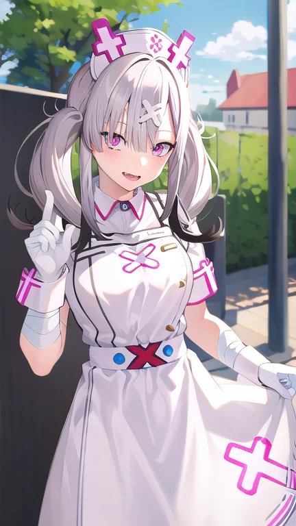 masterpiece,best quality,high resolution,sk1, white gloves, white apron, short sleeves, nurse, bandaged arm, wrist cuffs, white dress, fangs