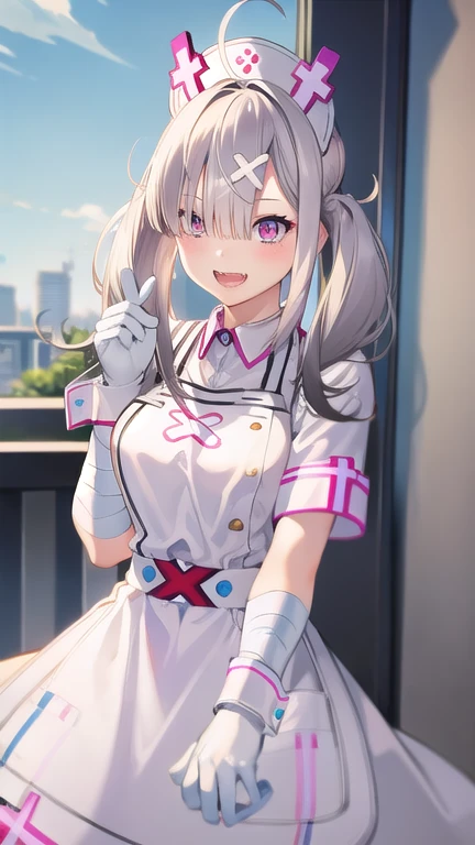 masterpiece,best quality,high resolution,sk1, white gloves, white apron, short sleeves, nurse, bandaged arm, wrist cuffs, white dress, fangs