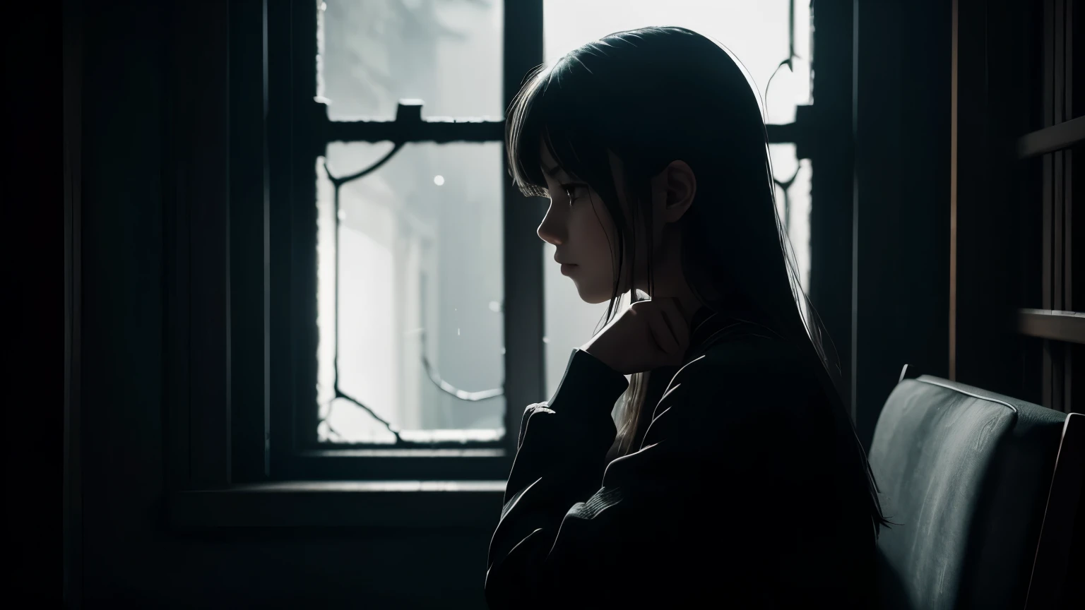 A beautiful girl sits on a chair in a dark, moody atmosphere. Her expression is somber, reflecting a sense of melancholy. The dim lighting casts soft shadows around her, emphasizing the depth of her emotions. The overall scene is quiet and introspective, with a dark, reflective ambiance that captures her feeling of being lost in thought."