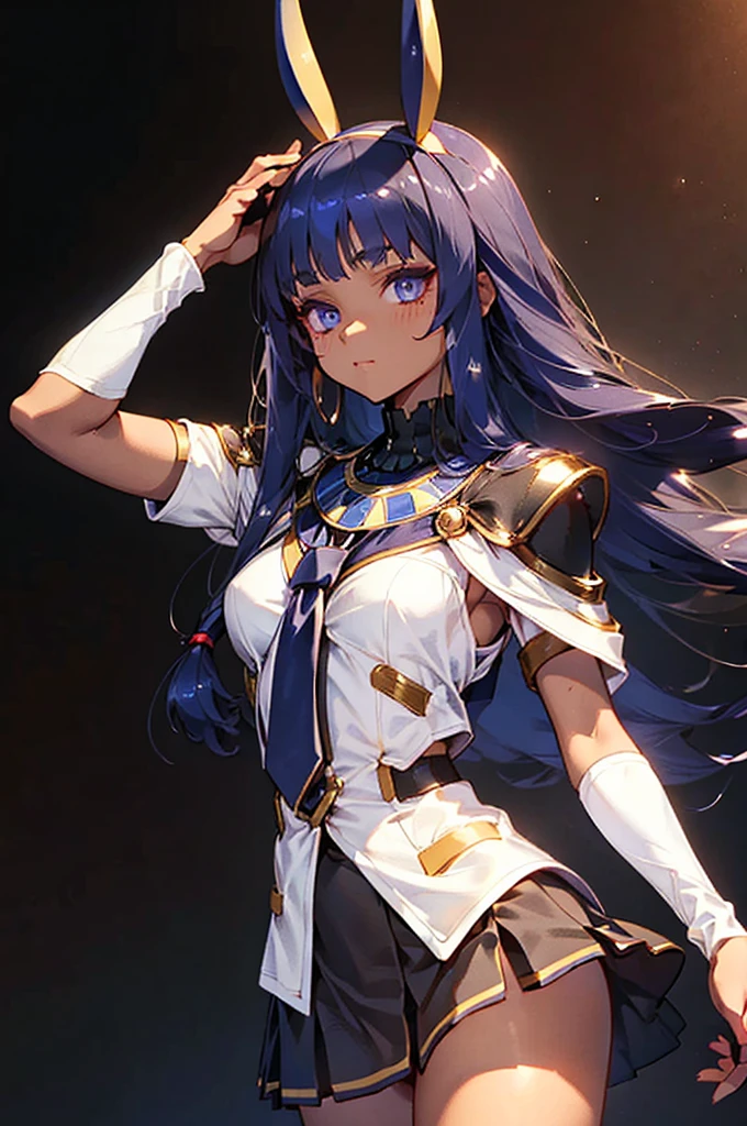 Black background with spotlight, Long eyelashes, whole body, White jacket、White mini skirt、Nitocris, beautiful girl、Raise your arm and show your armpit., Brown Skin